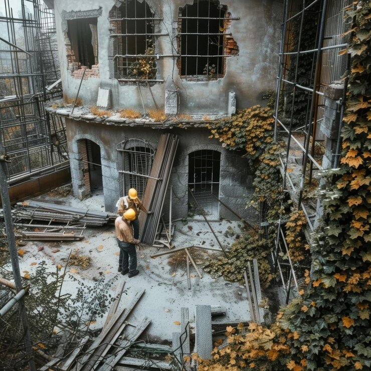 two-construction-workers-examine-scaffolding-inside-rundown-building_1275033-817